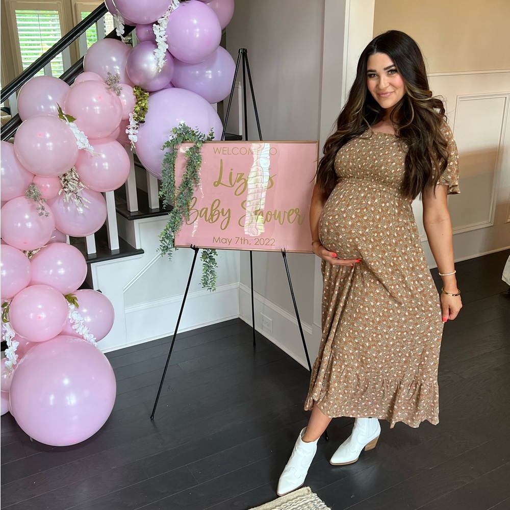 Camel Floral Smocked Square Neck Maternity Midi Dress by PinkBlush